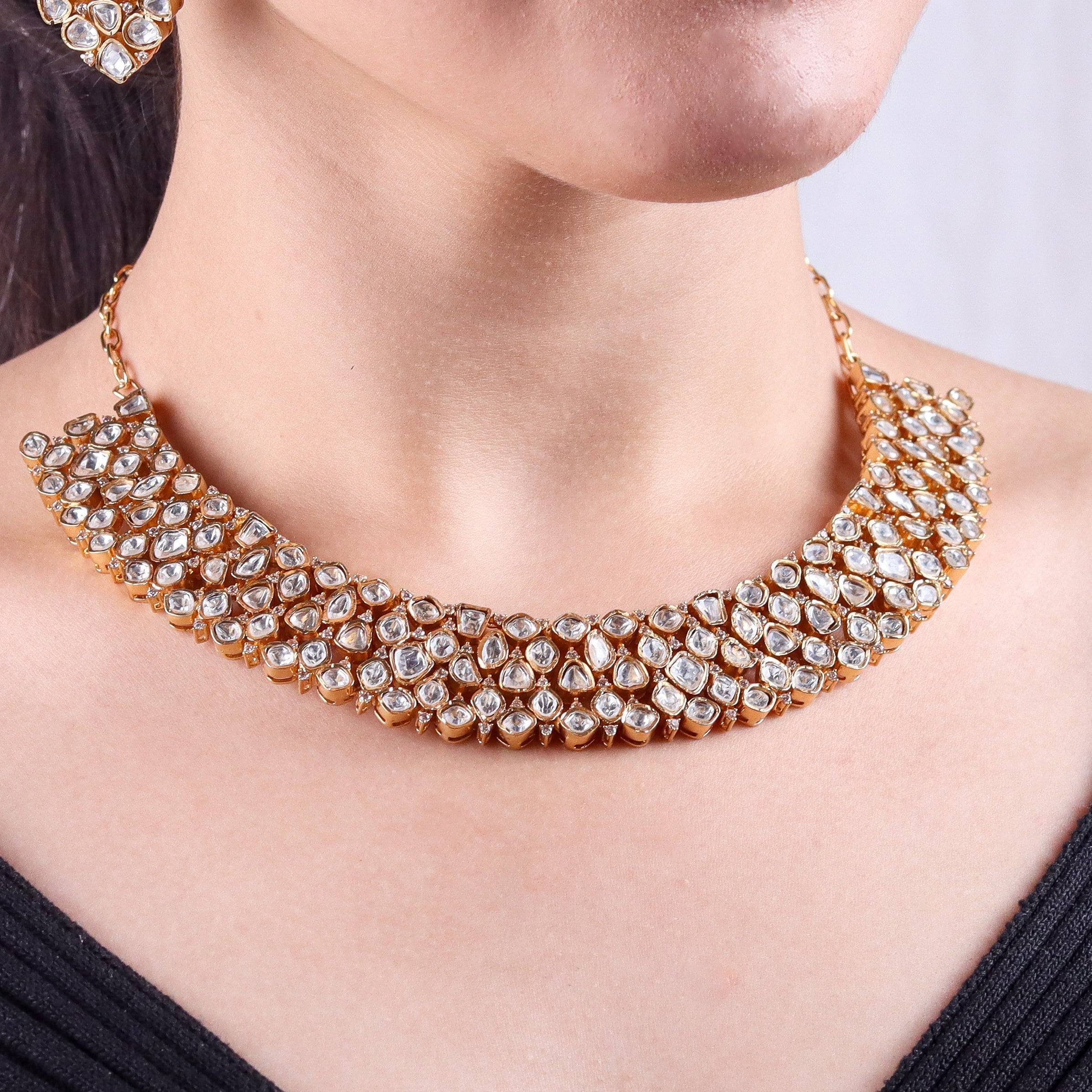 Model wearing 22K gold-plated fashion Set for a sophisticated and elegant jewelry look