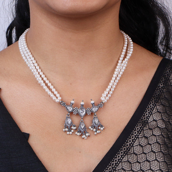 Silver CZ Kudi Tanmani Set with Pearls (3 Leaf)