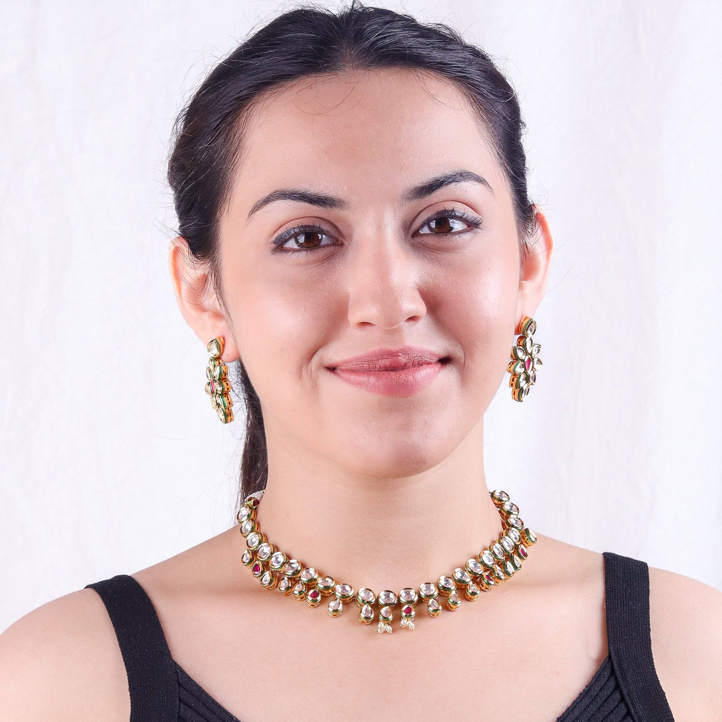 Model wearing 22K gold-plated fashion Set for a sophisticated and elegant jewelry look