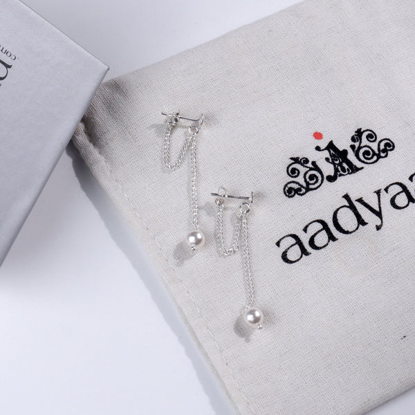 Pearl Trinket Dangler silver earrings with chain and pearl accents