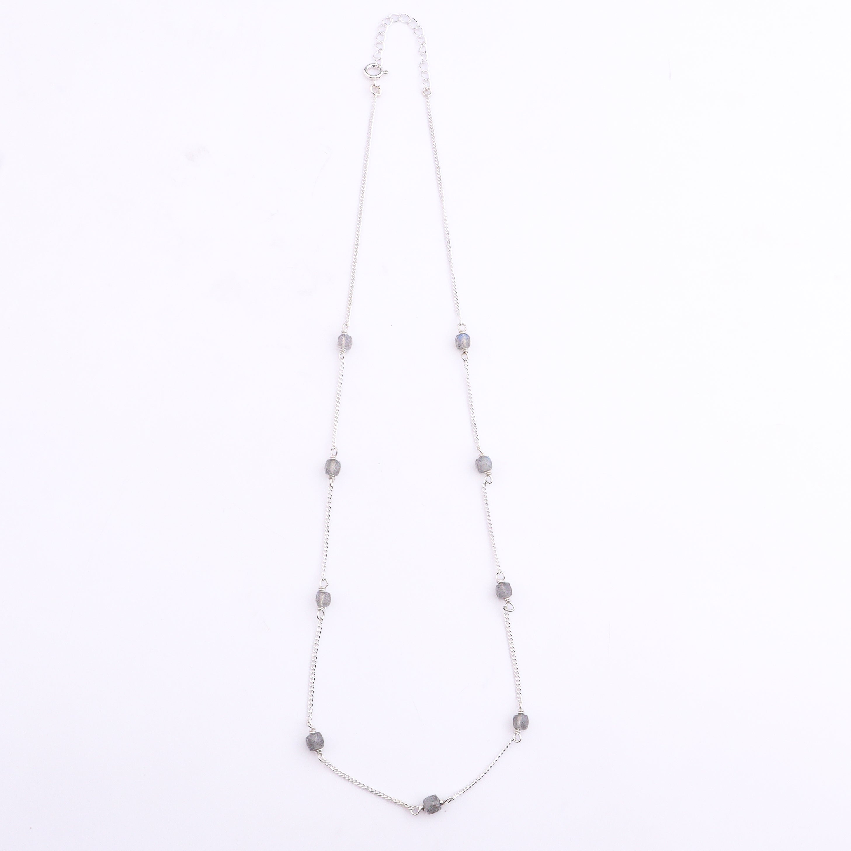 Silver chain with labradorite stone pendant and clasp detail