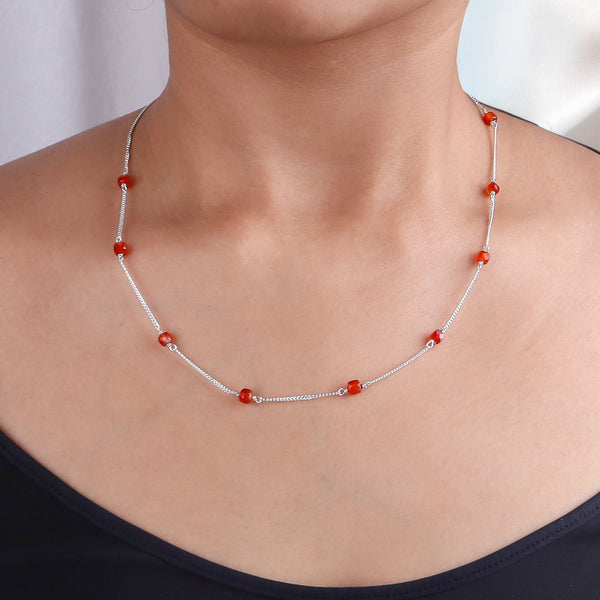 Neck and collarbone view of silver Carnelian Chain necklace