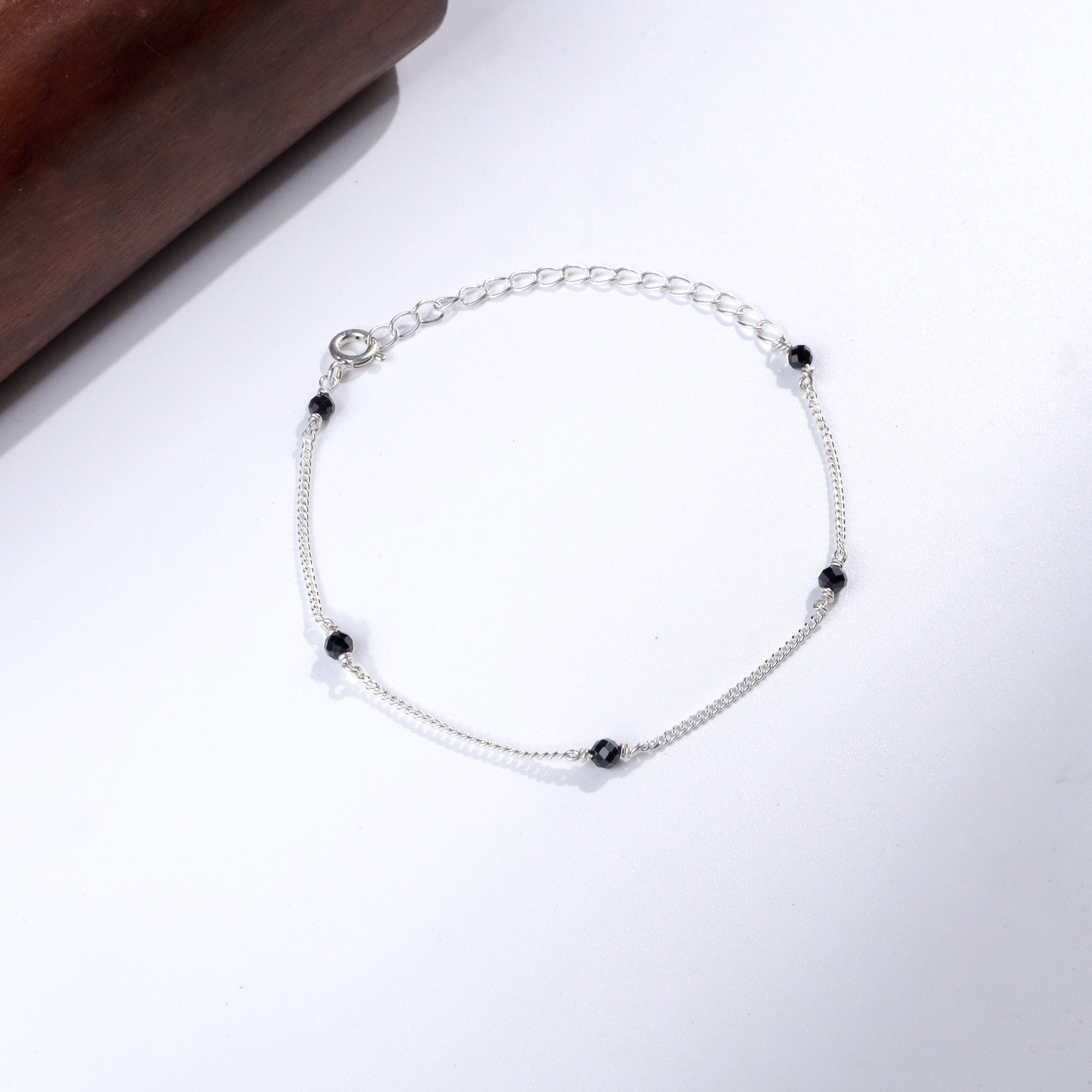 Black Spinel Silver Anklet with Chain and Beads