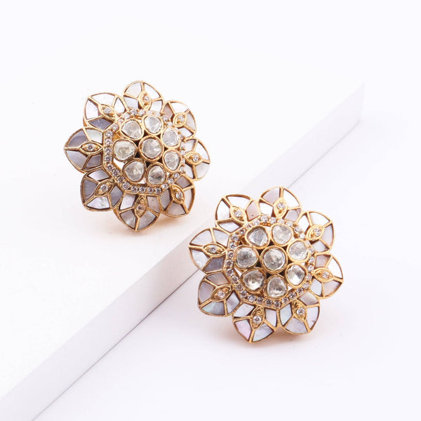 Detailed view of Brass Fashion Earrings highlighting intricate motifs, textured surface, and refined brass finish