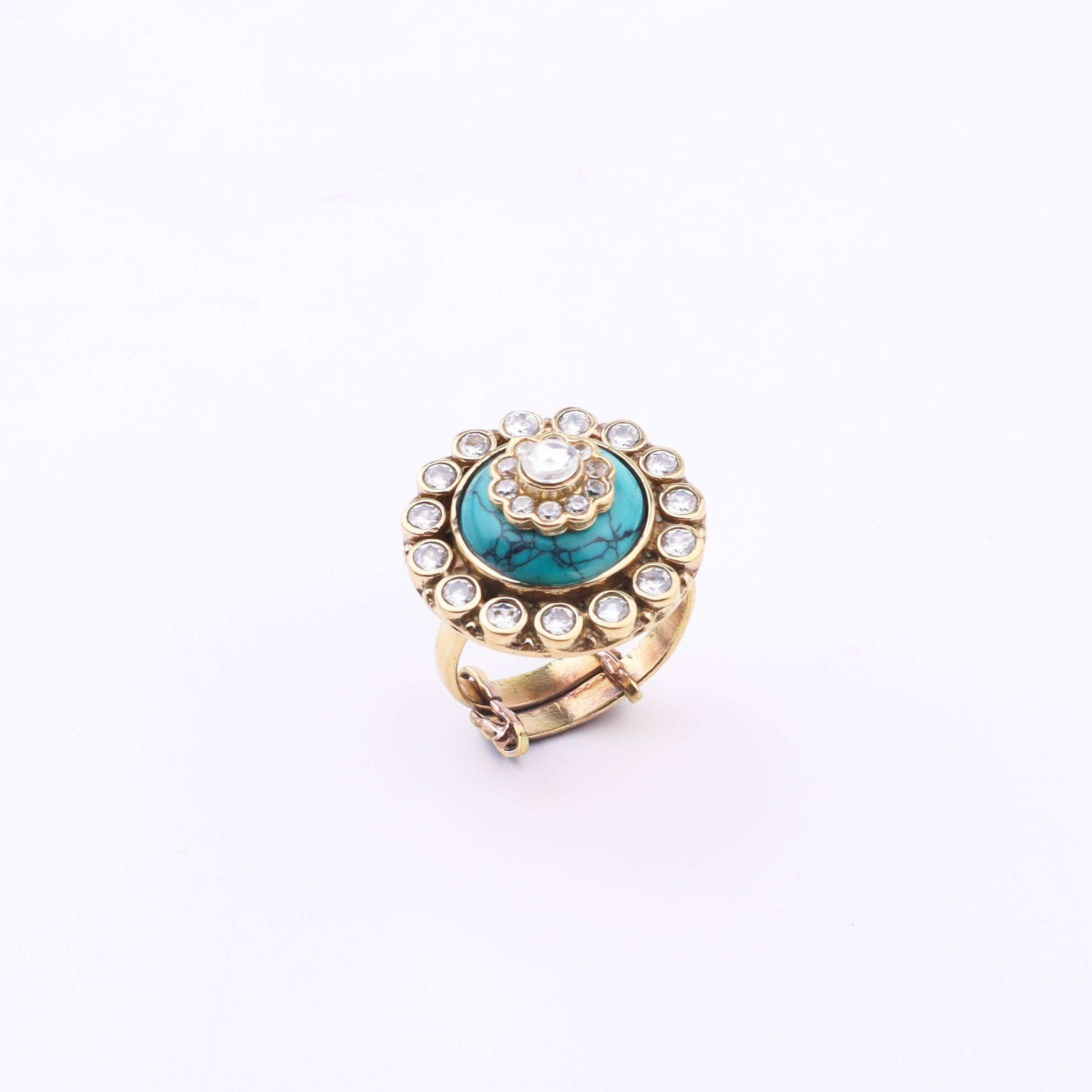 Close-up of a brass fashion ring showcasing intricate detailing, unique design, and fine craftsmanship