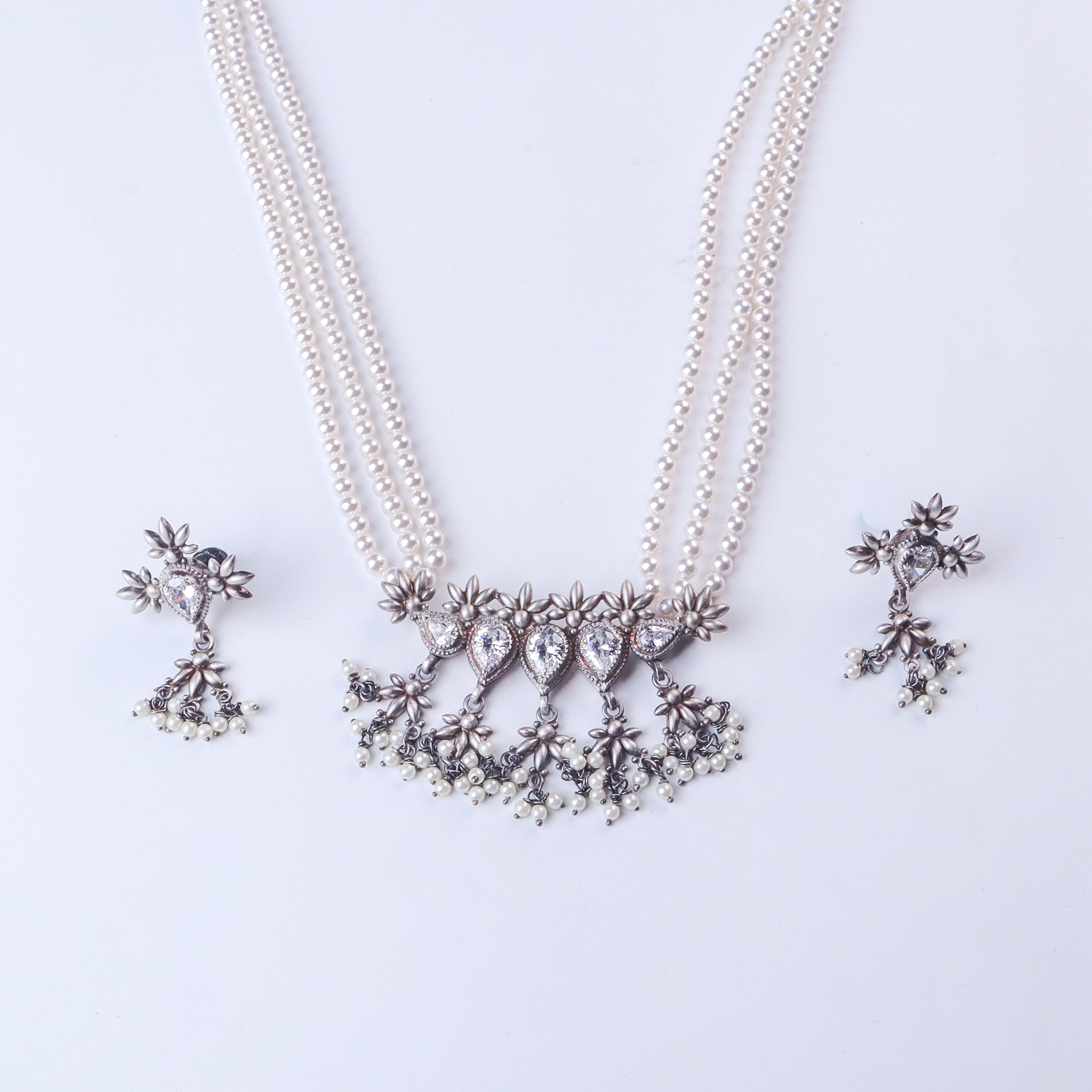 Silver CZ Flower Tanmani Set with Pearls (5 Leaf)