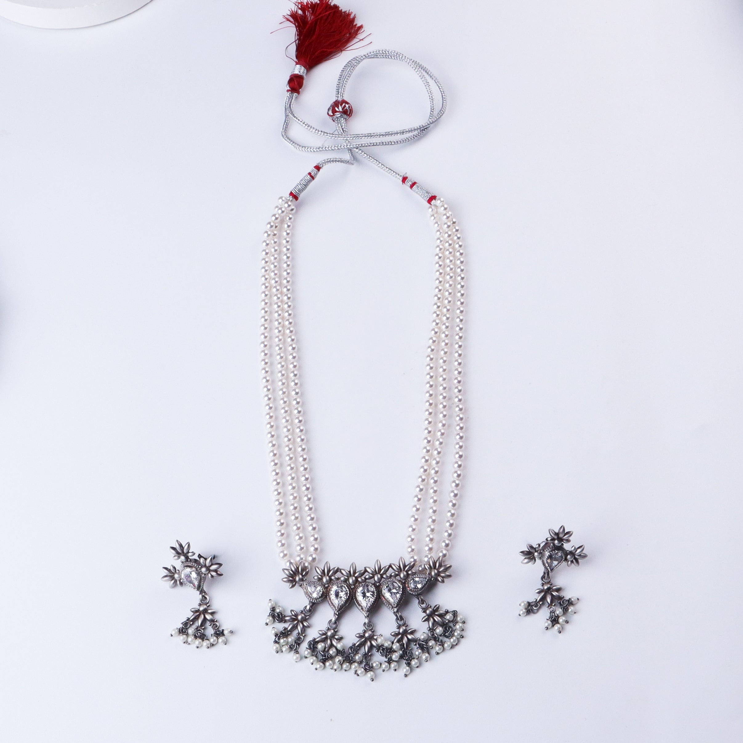 Silver CZ Flower Tanmani Set with Pearls (5 Leaf)