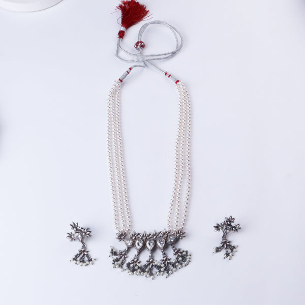 Silver CZ Flower Tanmani Set with Pearls (5 Leaf)
