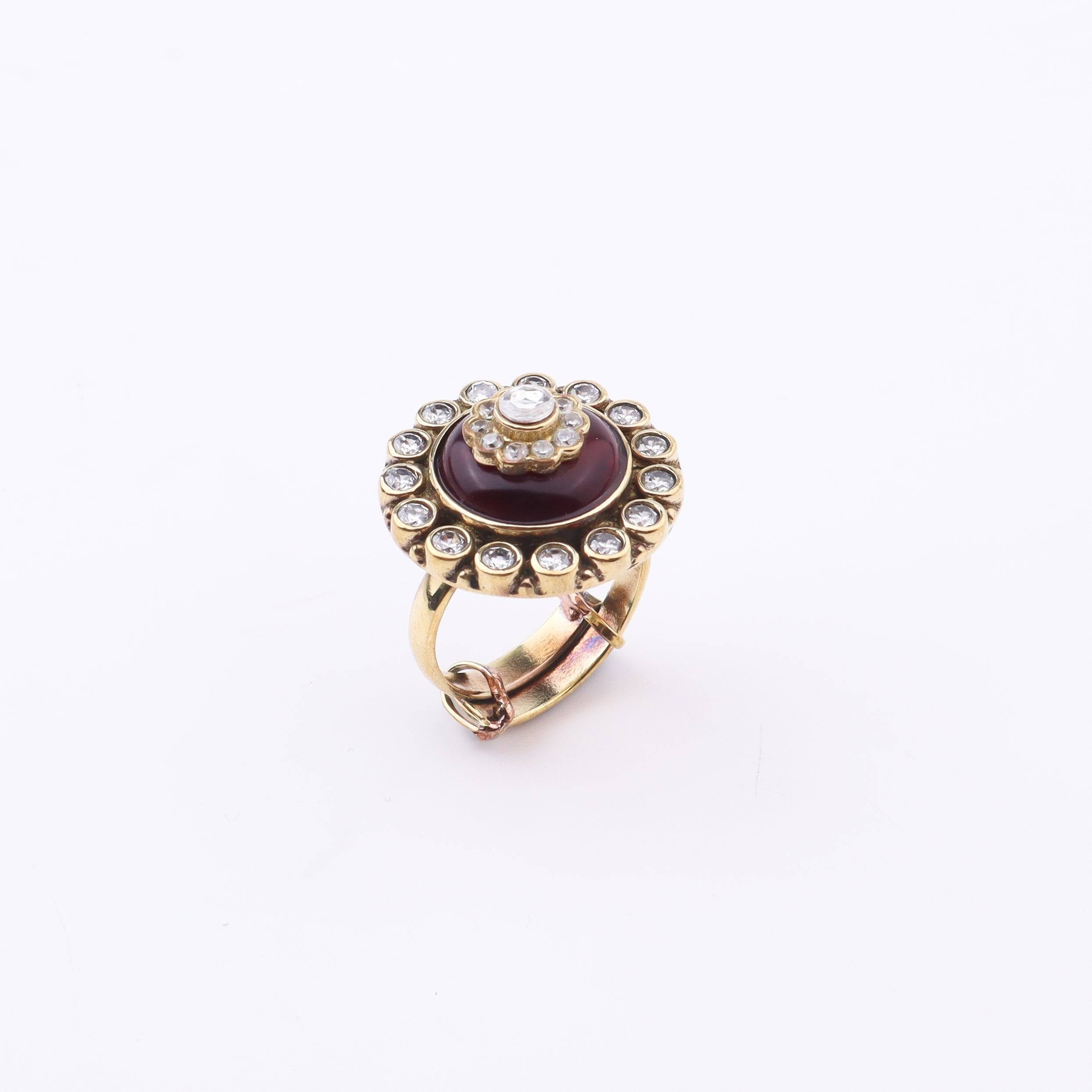 Close-up of a brass fashion ring showcasing intricate detailing, unique design, and fine craftsmanship