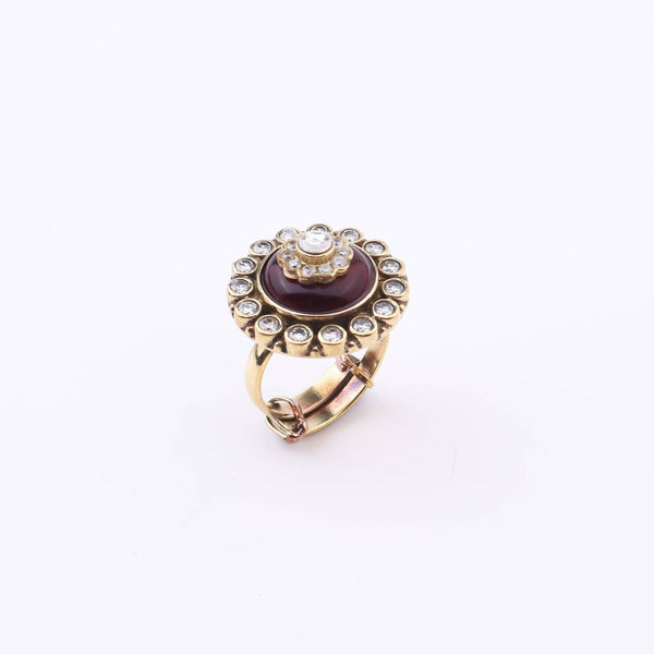 Close-up of a brass fashion ring showcasing intricate detailing, unique design, and fine craftsmanship