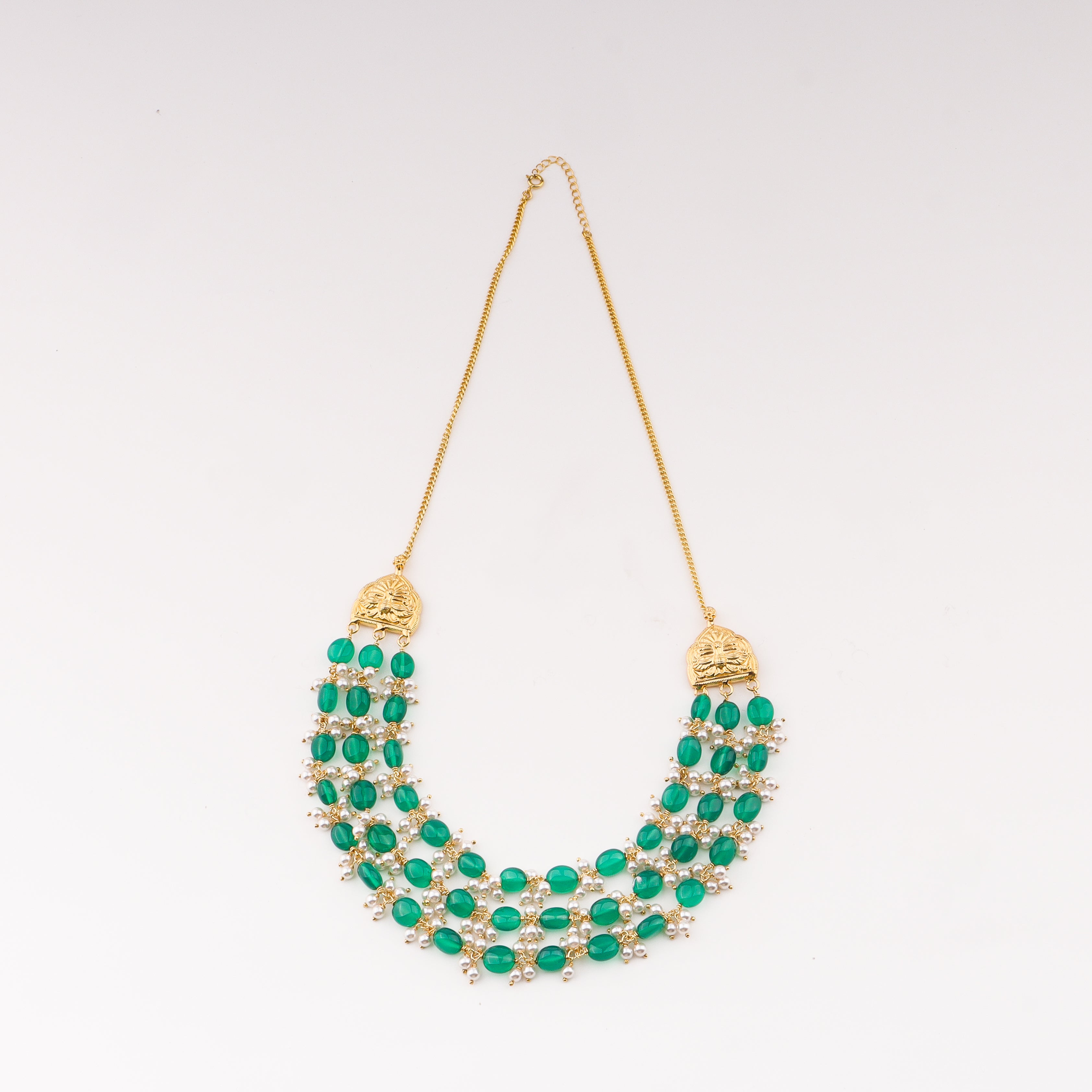 Aadyaa Luxe necklace (with green onyx and pearl bunches)