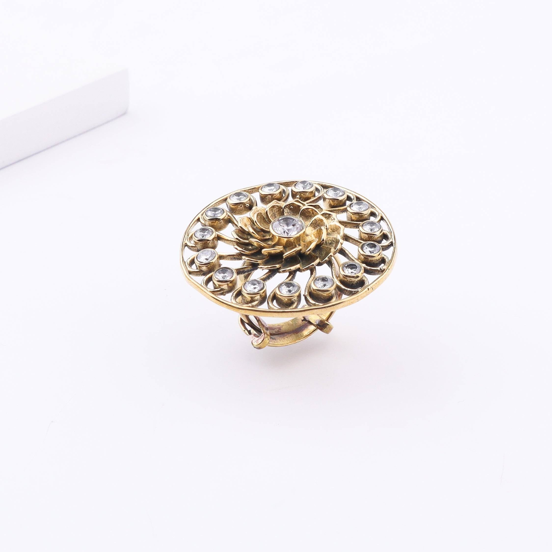 Close-up of a brass fashion ring showcasing intricate detailing, unique design, and fine craftsmanship