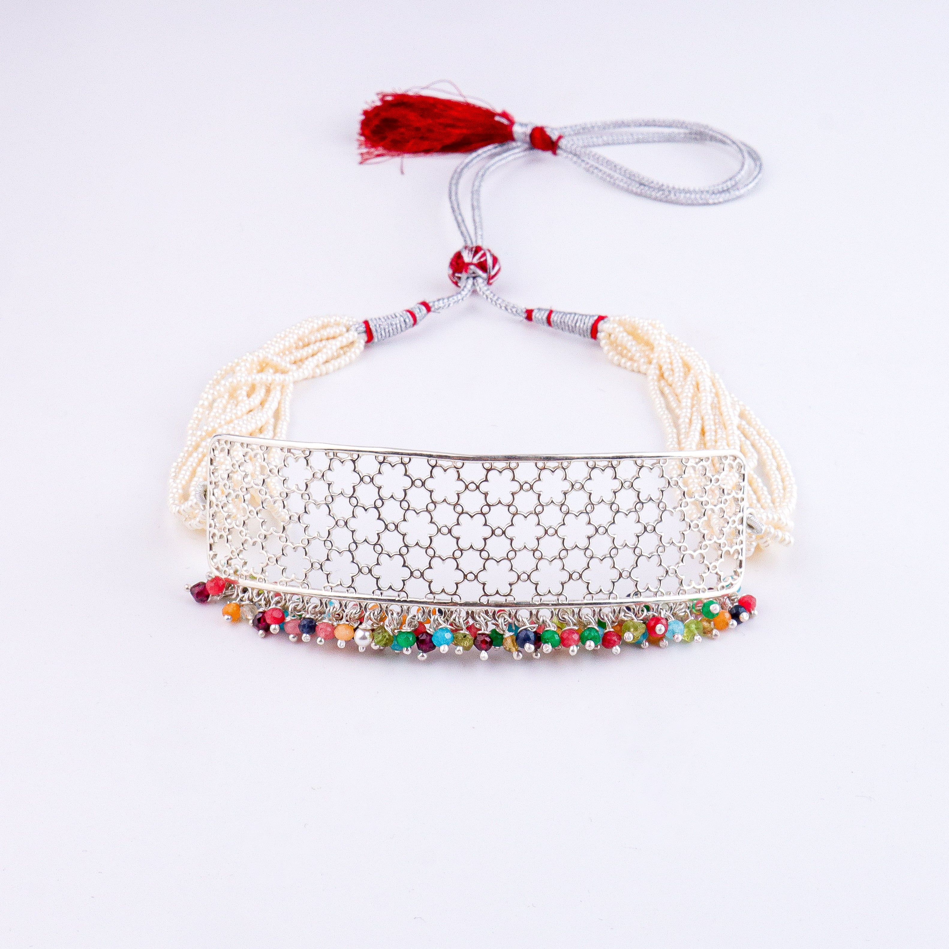 Pearl & Multicolour Bunch Filigree Flower Choker Set