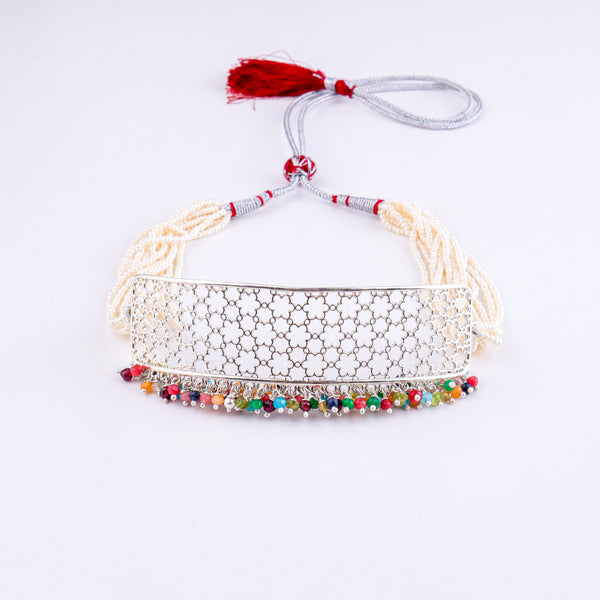Pearl & Multicolour Bunch Filigree Flower Choker Set