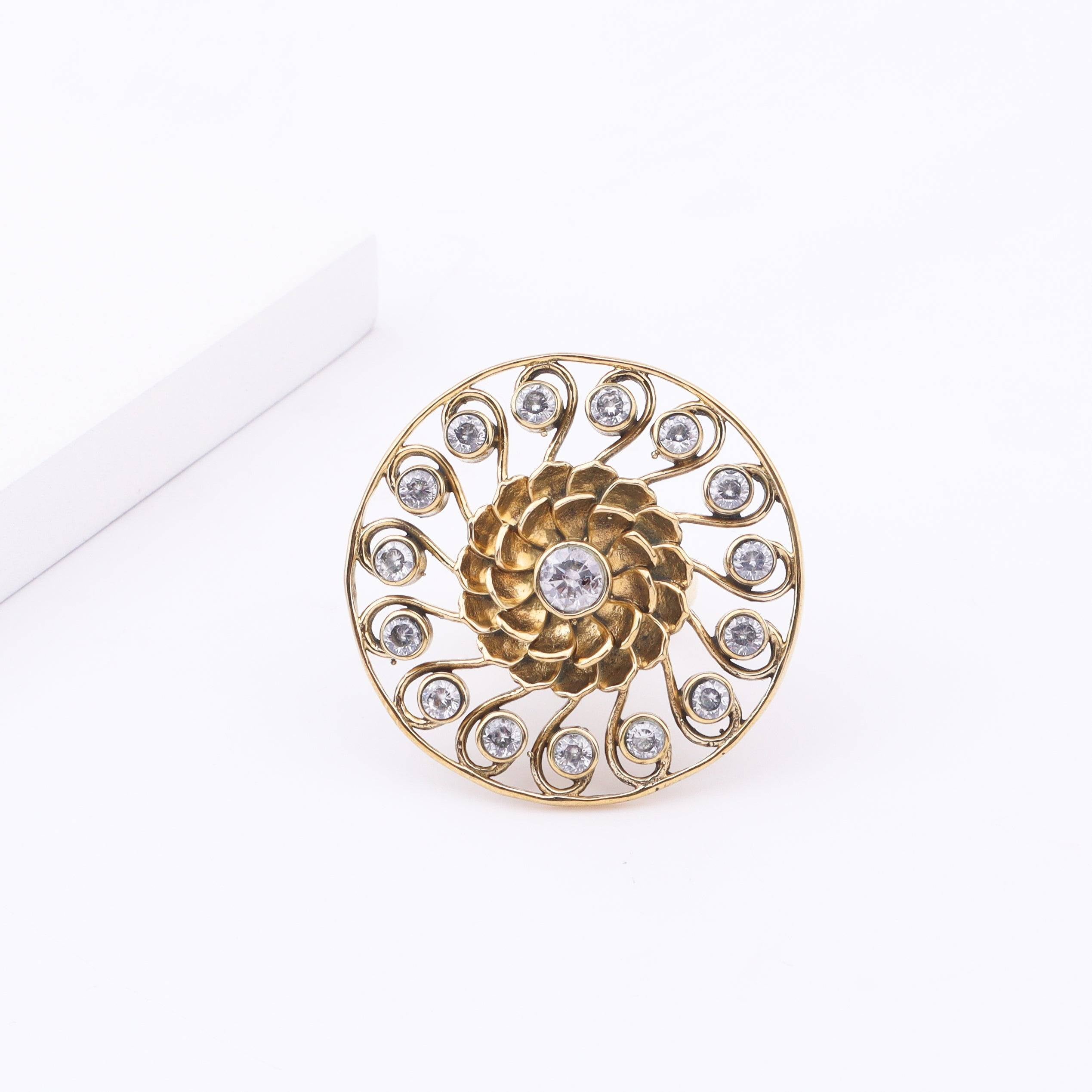 Detailed view of Brass Fashion Ring highlighting intricate motifs, textured surface, and refined brass finish