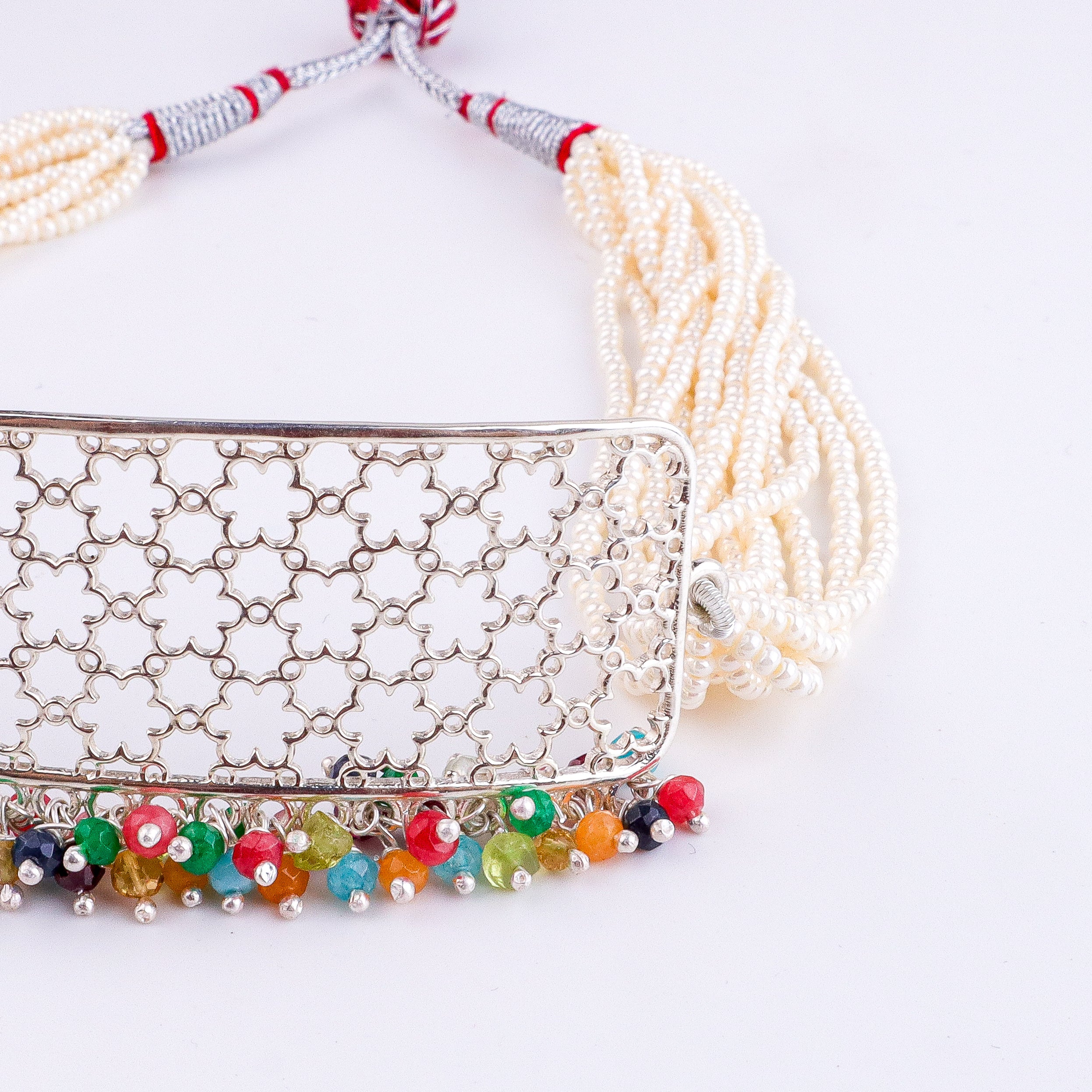 Pearl & Multicolour Bunch Filigree Flower Choker Set