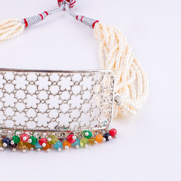 Pearl & Multicolour Bunch Filigree Flower Choker Set