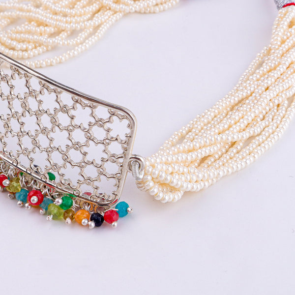 Pearl & Multicolour Bunch Filigree Flower Choker Set