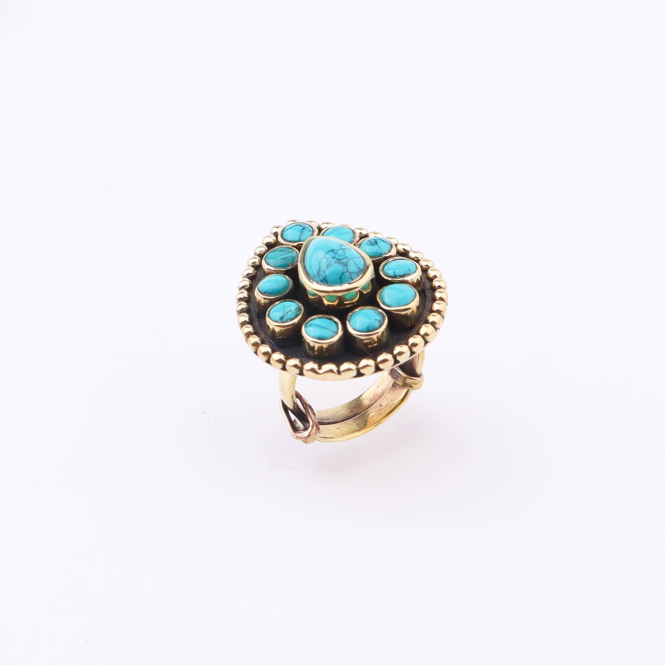 Detailed view of Brass Fashion Ring highlighting intricate motifs, textured surface, and refined brass finish