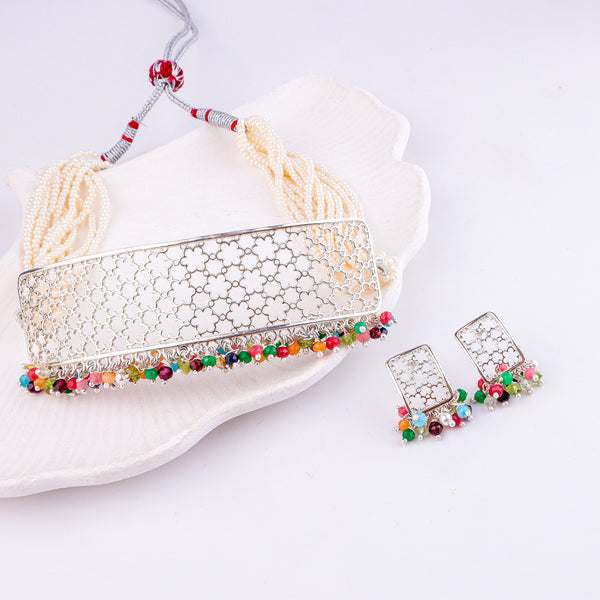 Pearl & Multicolour Bunch Filigree Flower Choker Set