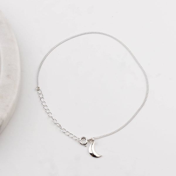 Celestial crescent moon silver anklet for everyday wear