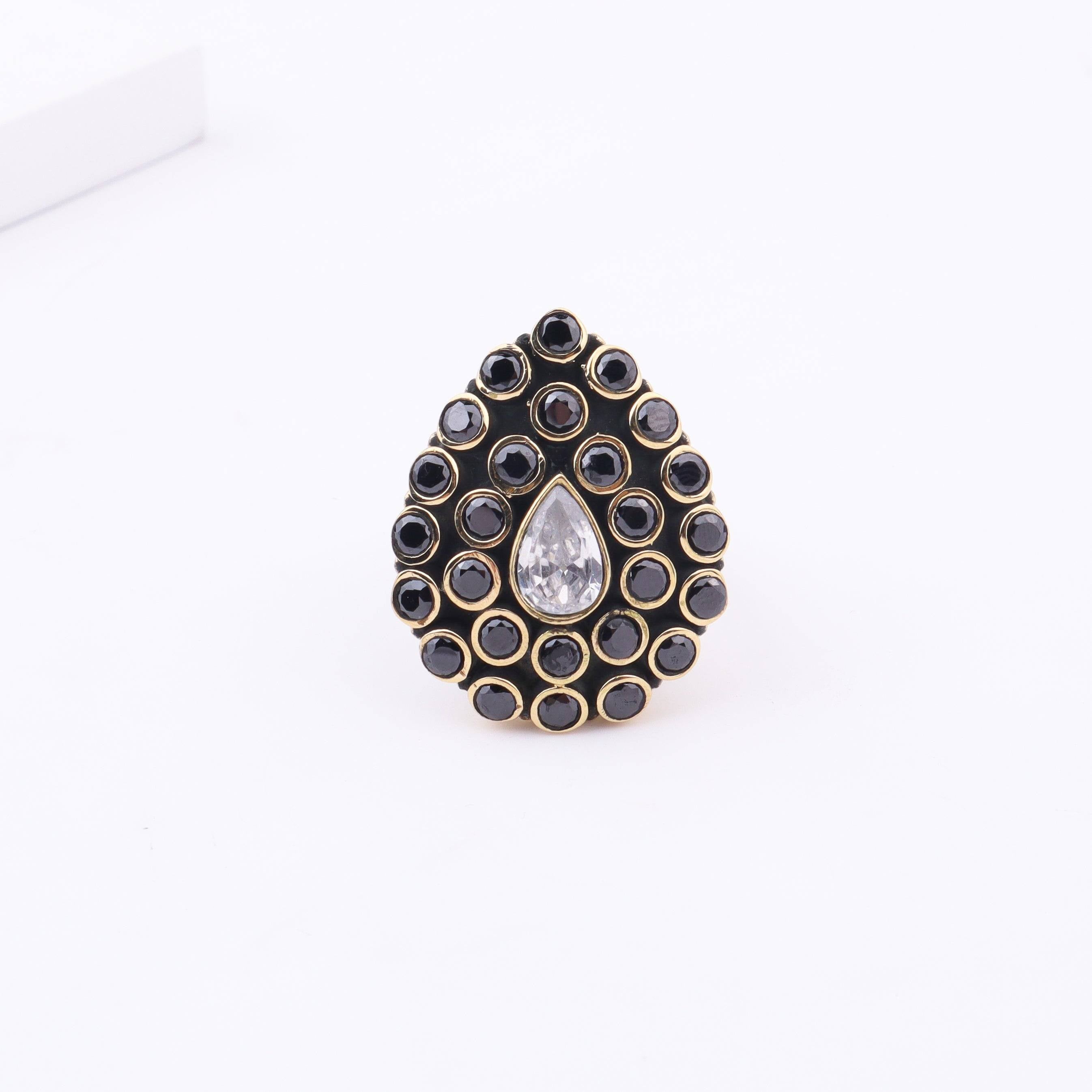 Close-up of a brass fashion ring showcasing intricate detailing, unique design, and fine craftsmanship