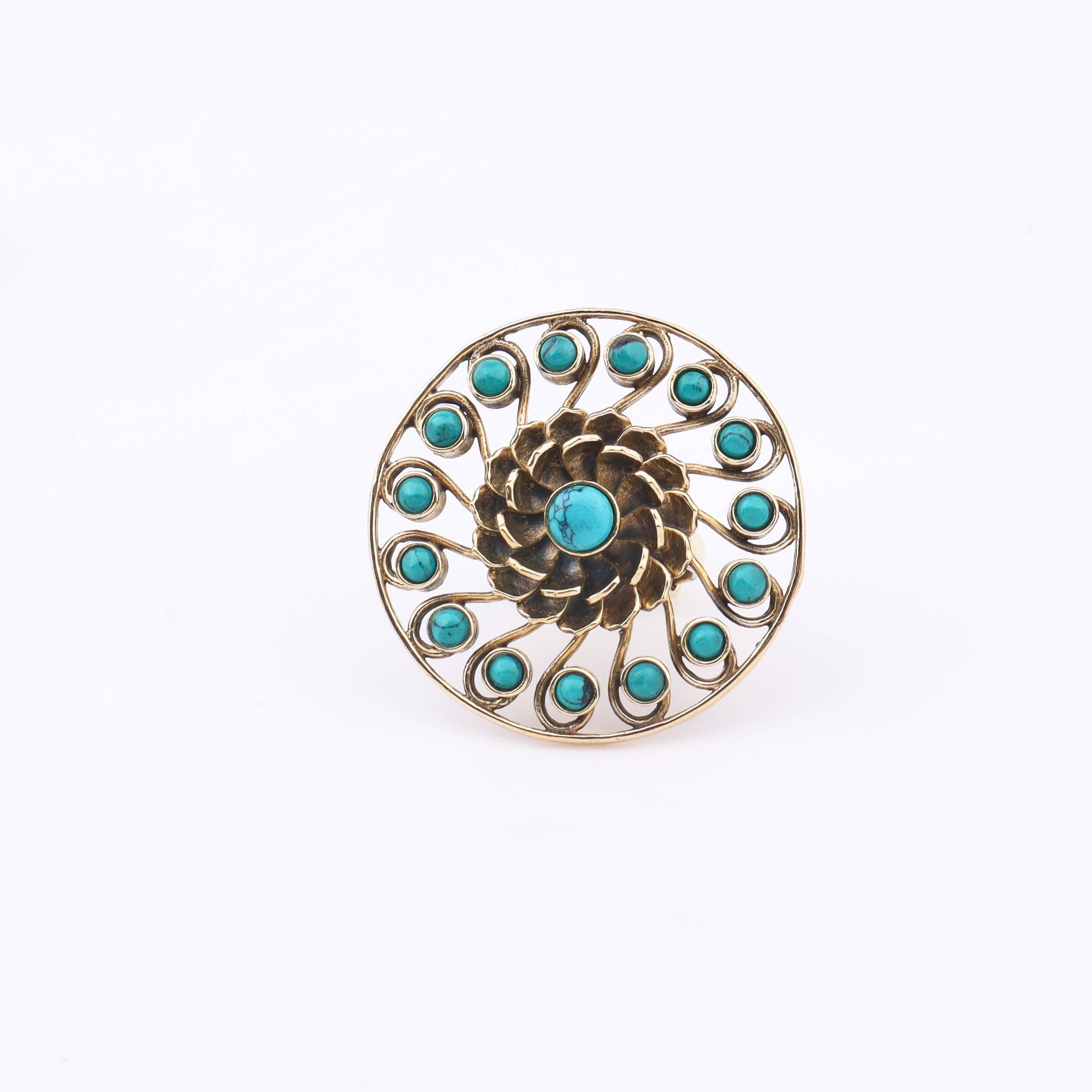 Close-up of a brass fashion ring showcasing intricate detailing, unique design, and fine craftsmanship