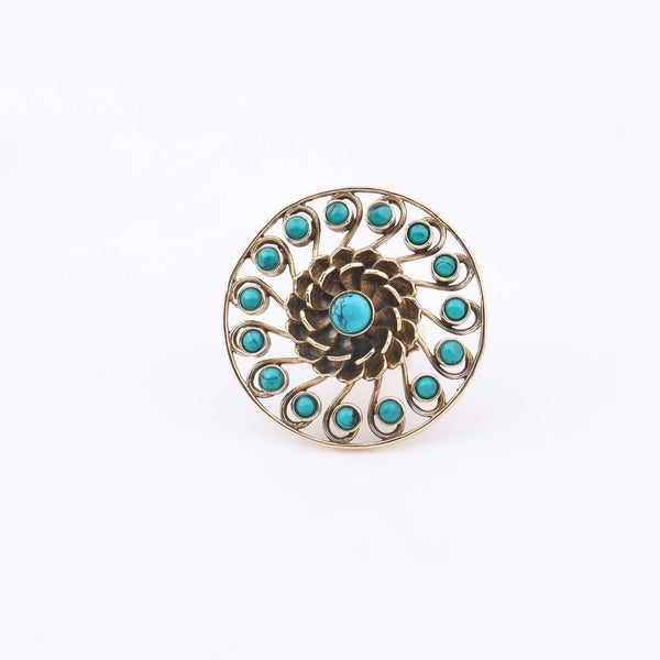 Close-up of a brass fashion ring showcasing intricate detailing, unique design, and fine craftsmanship