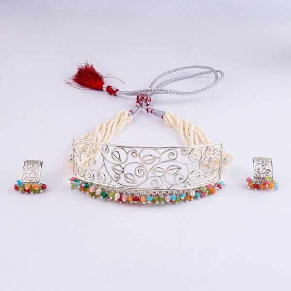 Pearl & Multicolour Bunch Filigree Leaf Choker Set