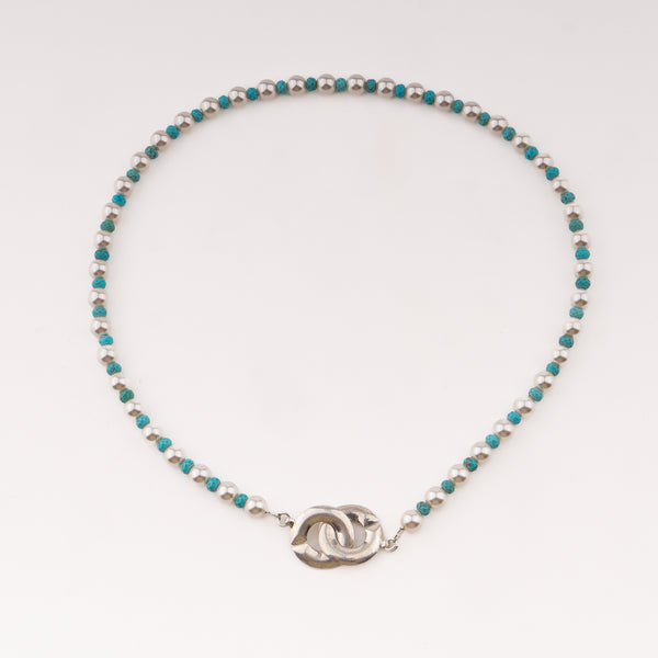 Infinity lock necklace with pearls and turquoise