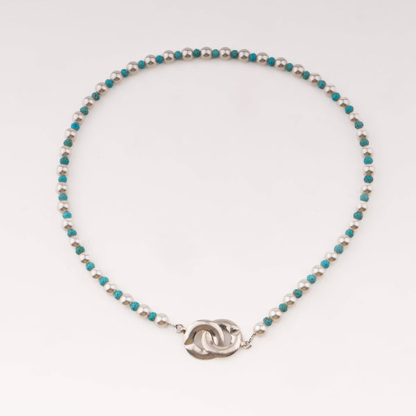 Infinity lock necklace with pearls and turquoise