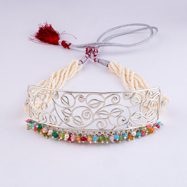Pearl & Multicolour Bunch Filigree Leaf Choker Set