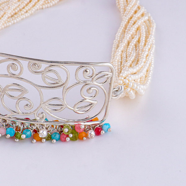 Pearl & Multicolour Bunch Filigree Leaf Choker Set