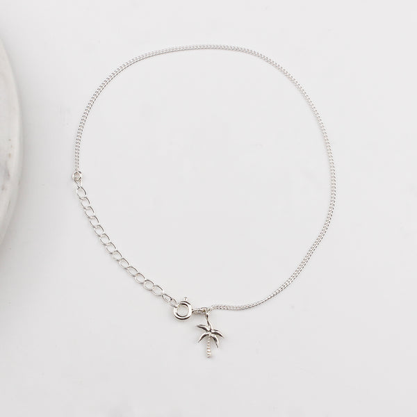 Tropical coconut tree charm silver anklet for beach and vacation wear