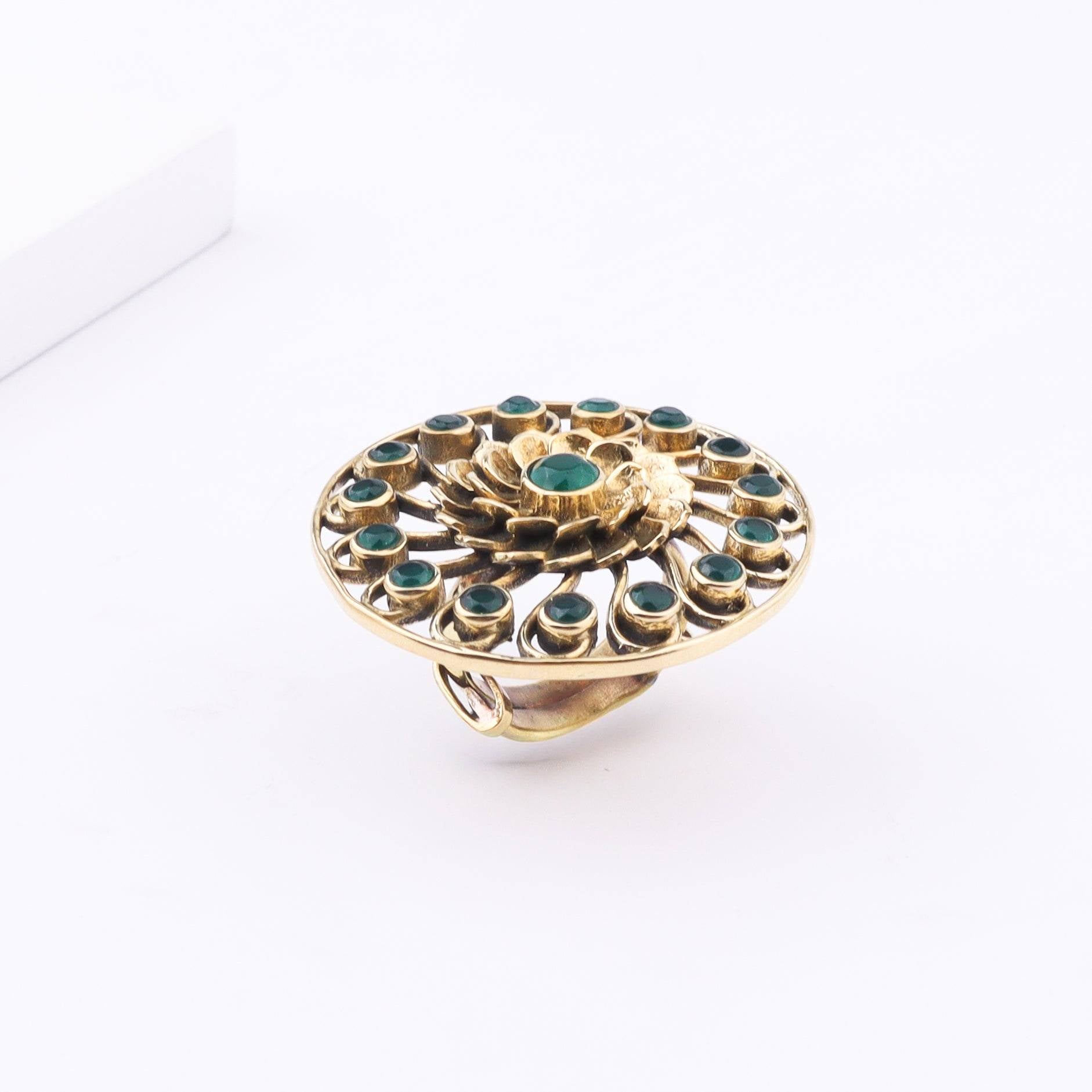 Close-up of a brass fashion ring showcasing intricate detailing, unique design, and fine craftsmanship