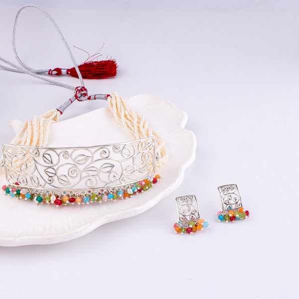 Pearl & Multicolour Bunch Filigree Leaf Choker Set