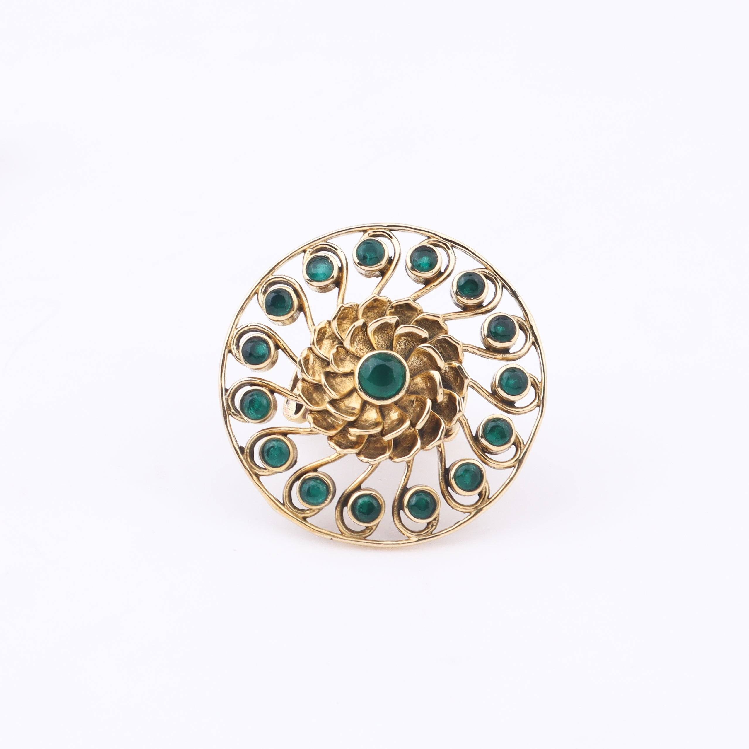 Detailed view of Brass Fashion Ring highlighting intricate motifs, textured surface, and refined brass finish