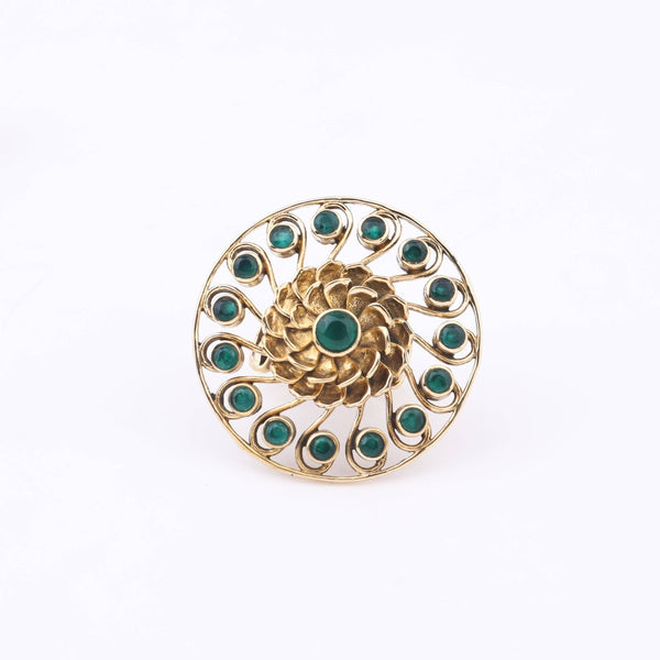 Detailed view of Brass Fashion Ring highlighting intricate motifs, textured surface, and refined brass finish