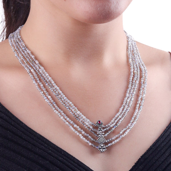 Elegant silver necklace with multi-layered labradorite beads and charm pendant