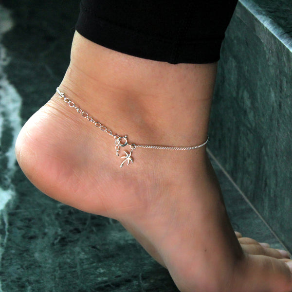 Delicate silver coconut tree charm anklet for women
