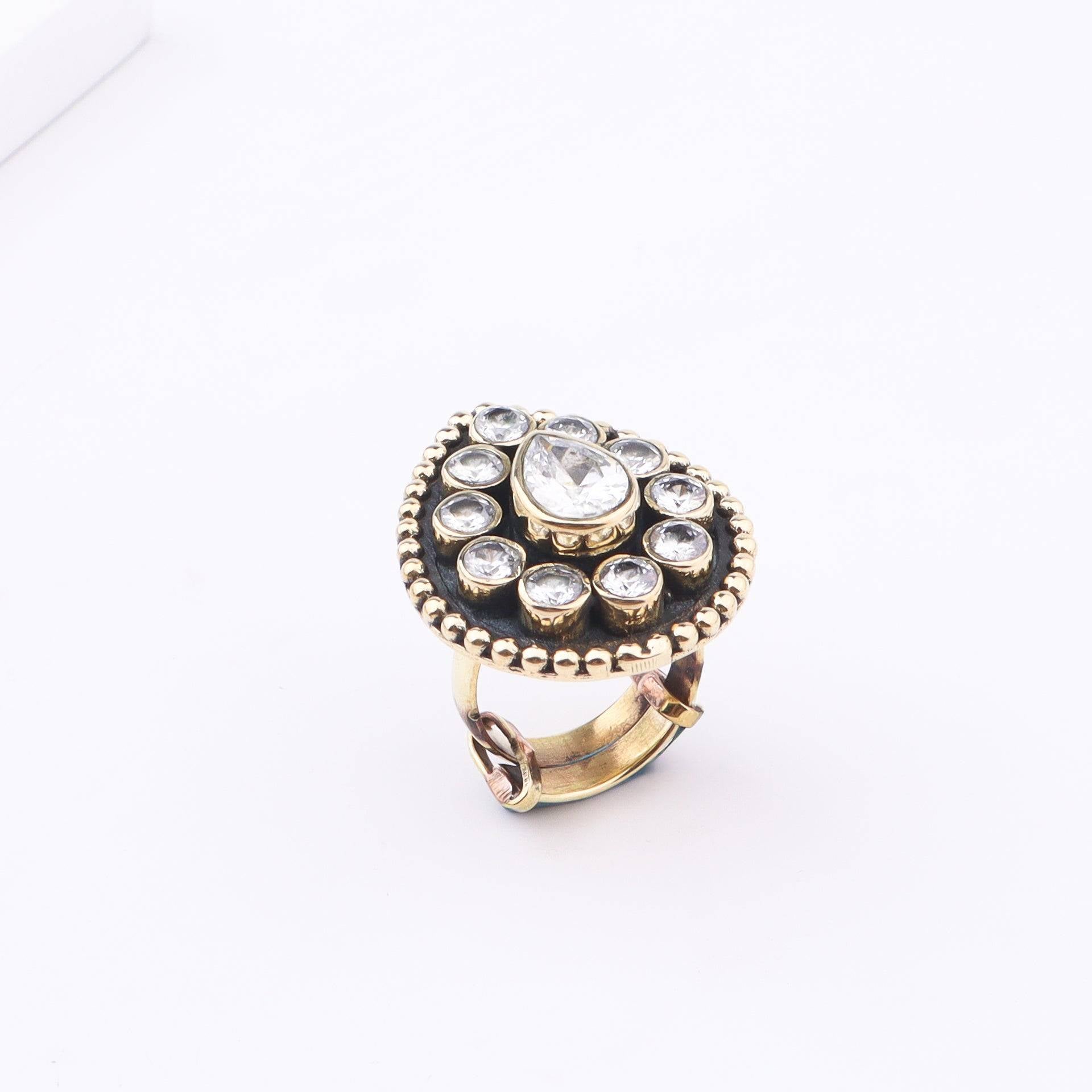 Detailed view of Brass Fashion Ring highlighting intricate motifs, textured surface, and refined brass finish