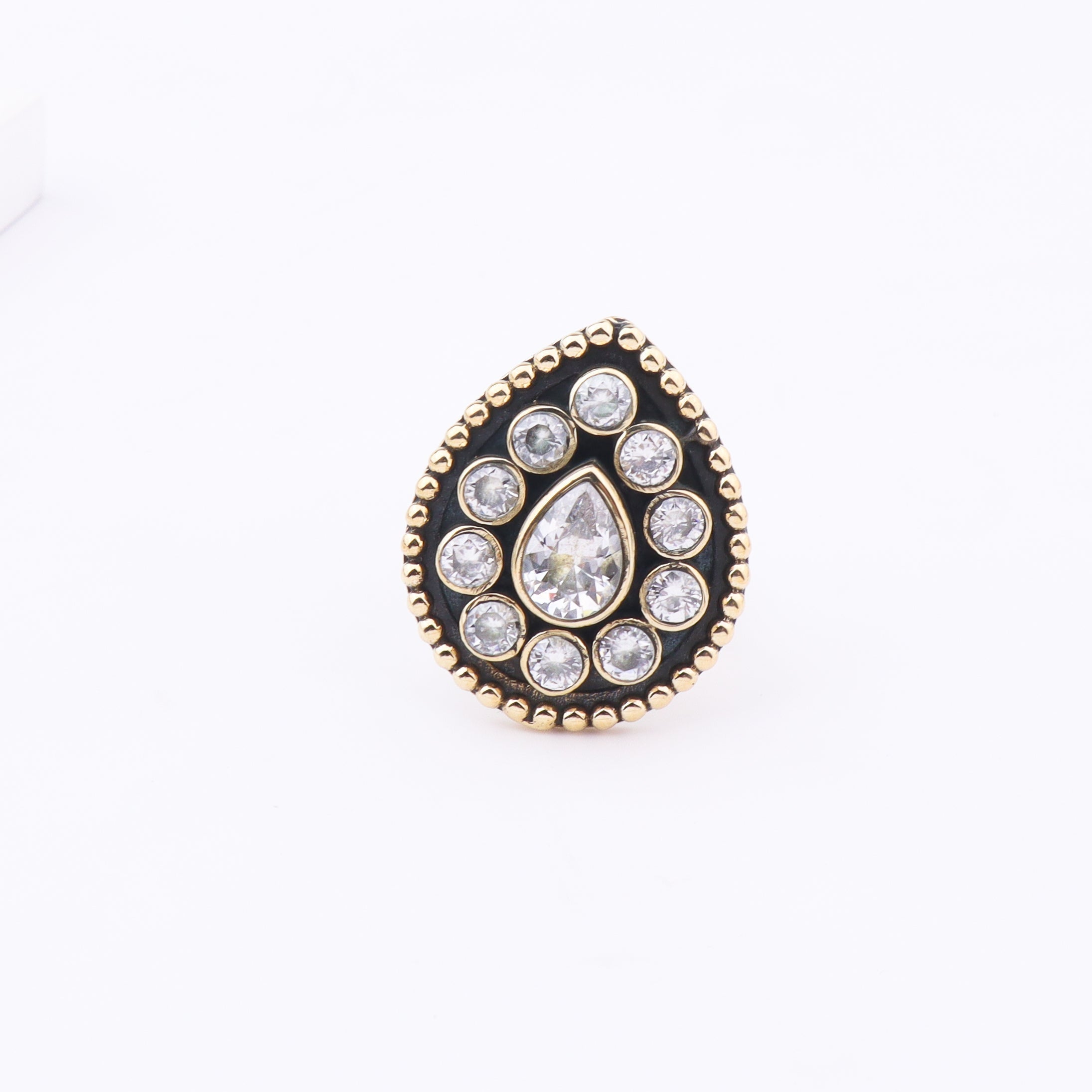 Close-up of a brass fashion ring showcasing intricate detailing, unique design, and fine craftsmanship