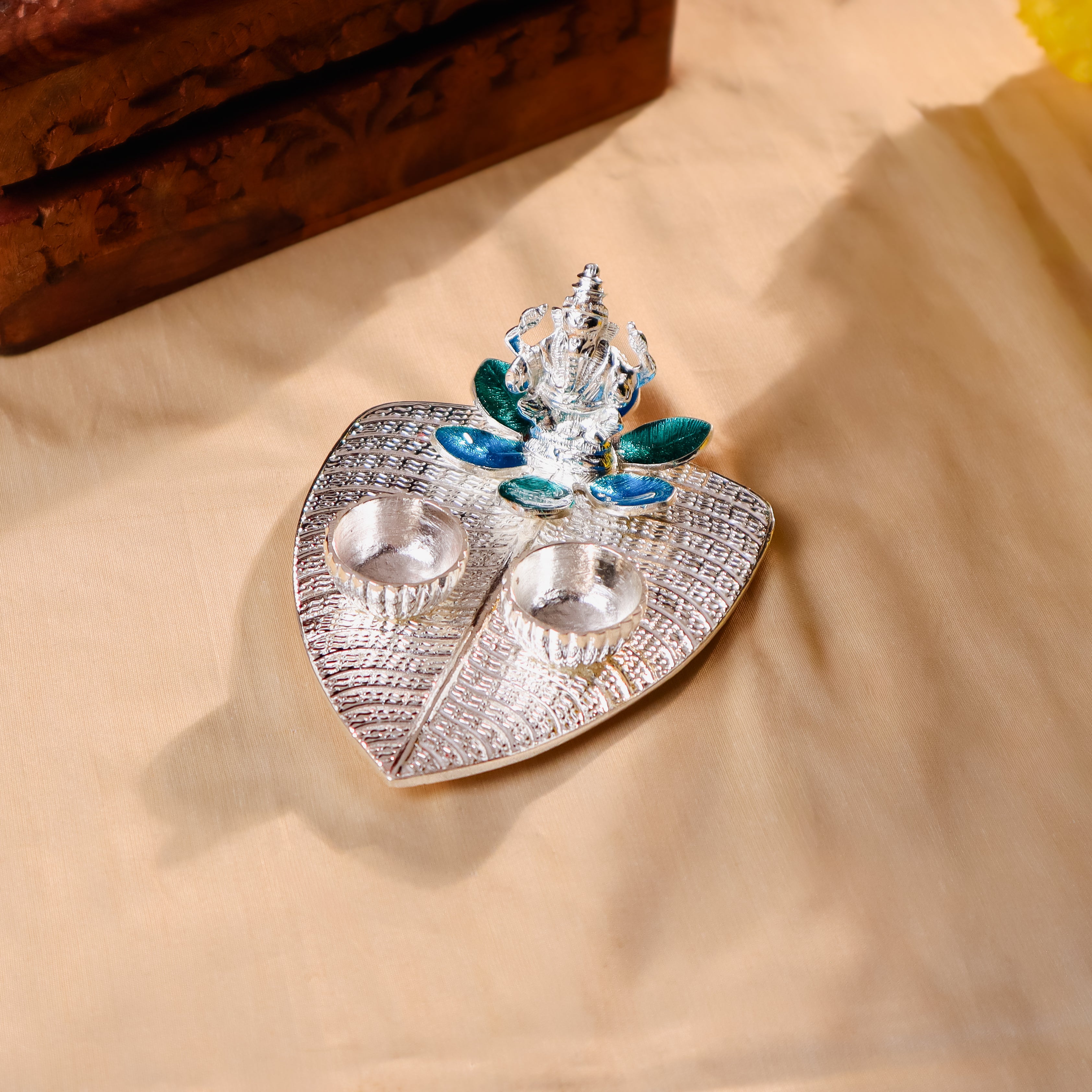 Silver Plated Diya / Karanda (Blue and Green Enamel)