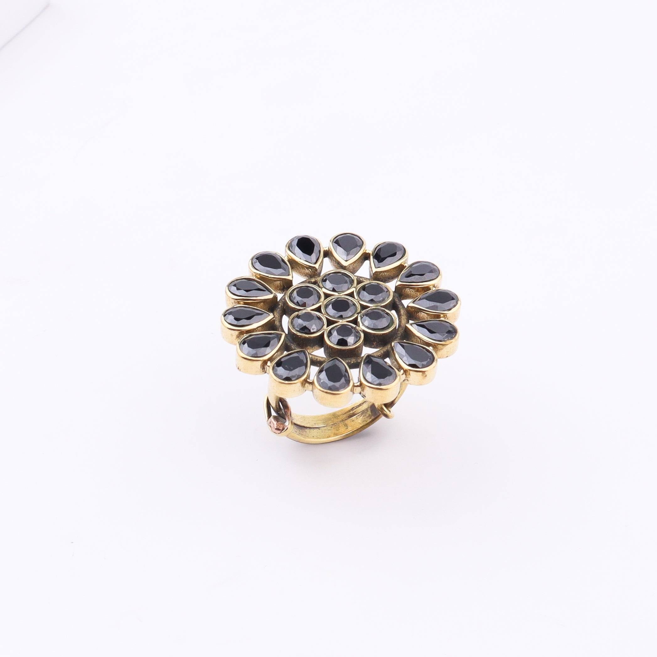 Close-up of a brass fashion ring showcasing intricate detailing, unique design, and fine craftsmanship