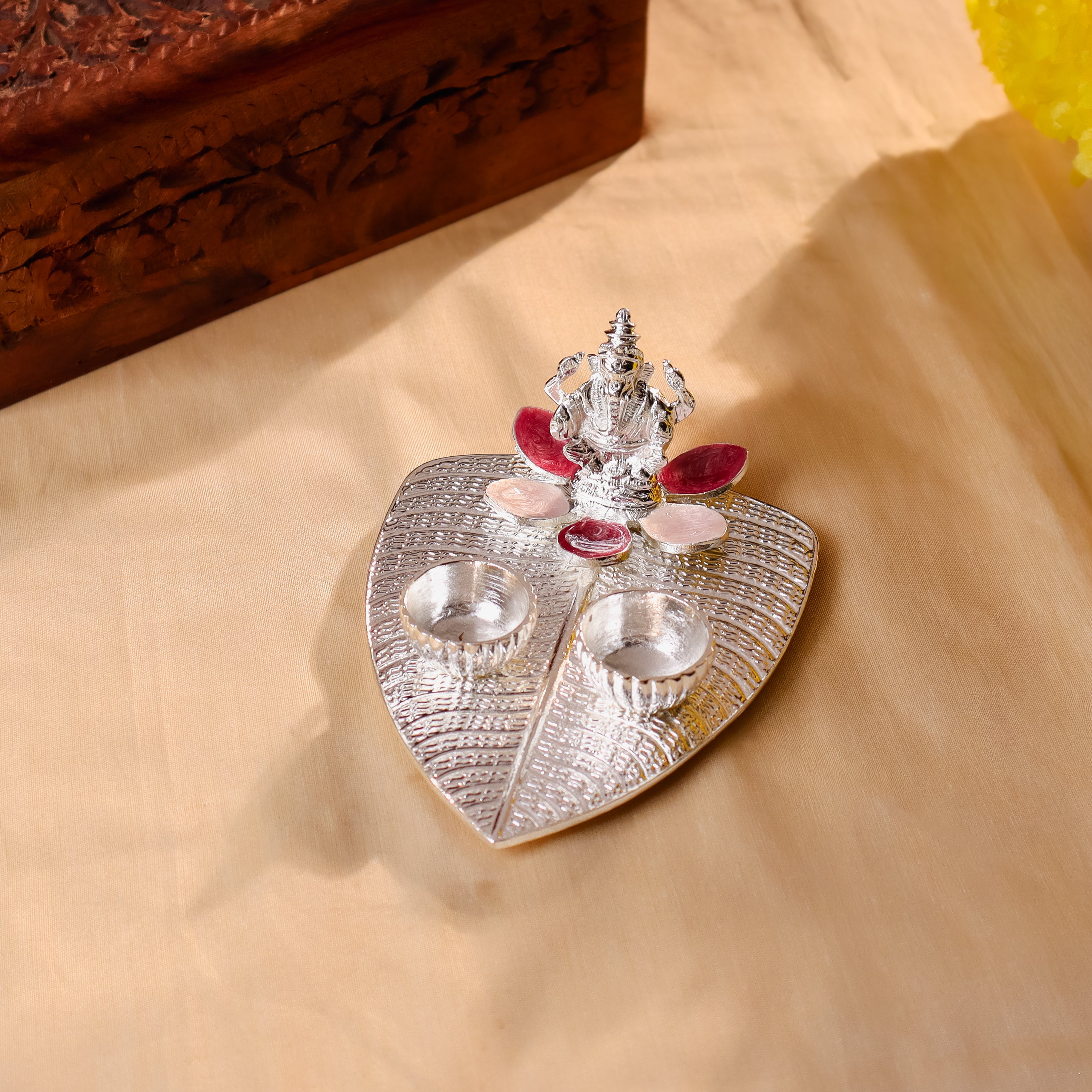 Silver Plated Diya / Karanda (Pink Enamel)