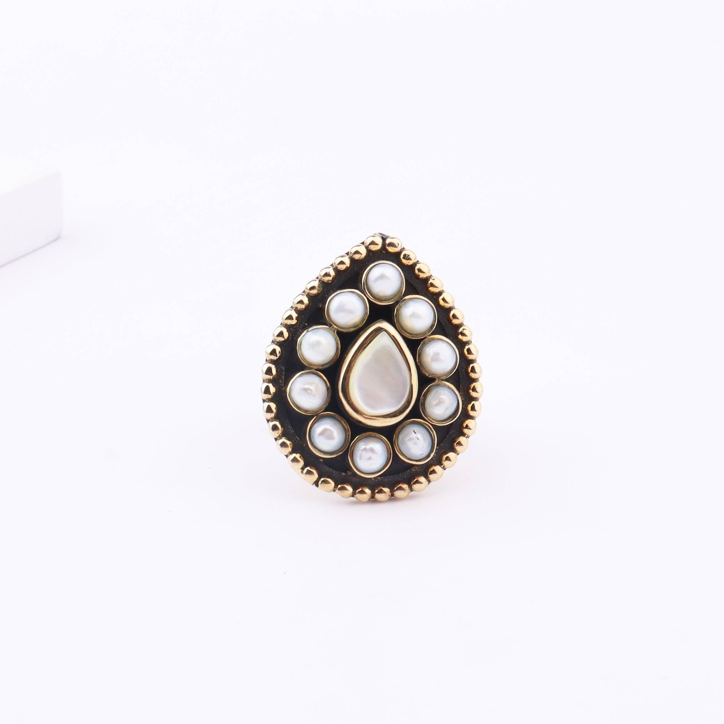 Detailed view of Brass Fashion Ring highlighting intricate motifs, textured surface, and refined brass finish