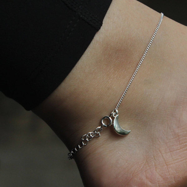 Delicate silver crescent moon charm anklet for women