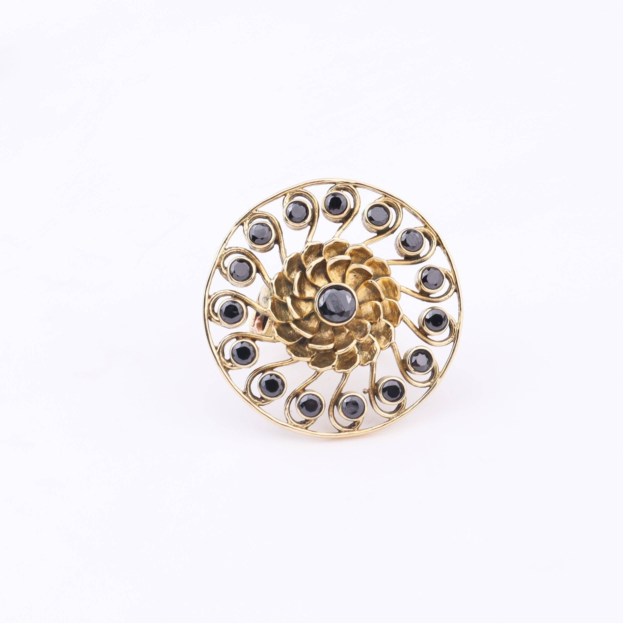 Close-up of a brass fashion ring showcasing intricate detailing, unique design, and fine craftsmanship