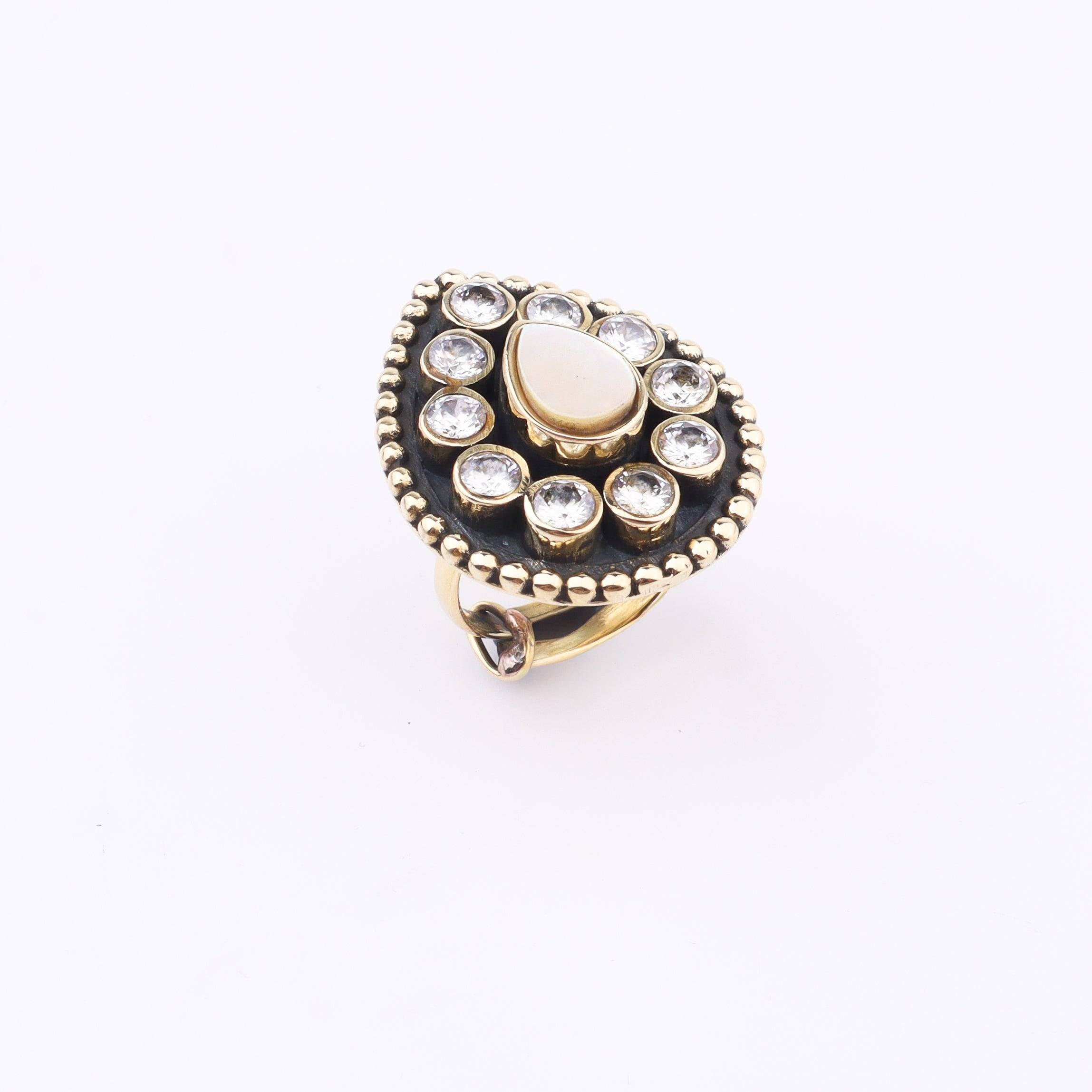 Detailed view of Brass Fashion Ring highlighting intricate motifs, textured surface, and refined brass finish