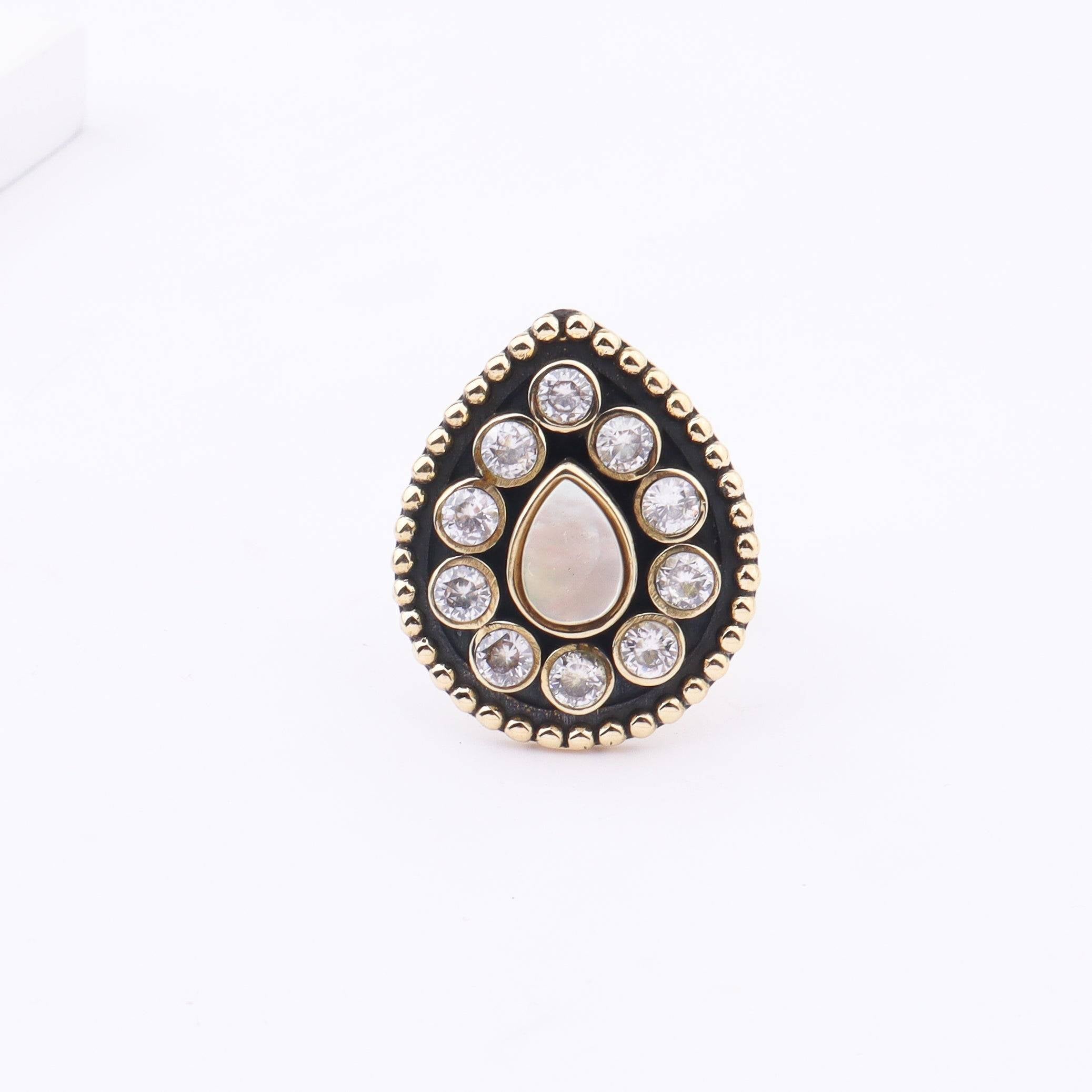 Close-up of a brass fashion ring showcasing intricate detailing, unique design, and fine craftsmanship